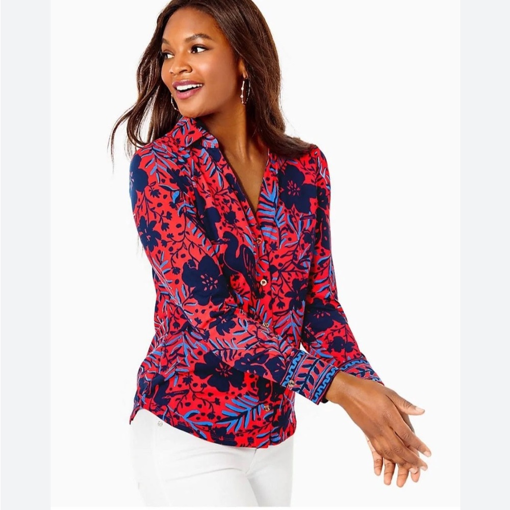 NWT Lilly Pulitzer Marlena UOF 50+button up size medium in Ruby red heron my own